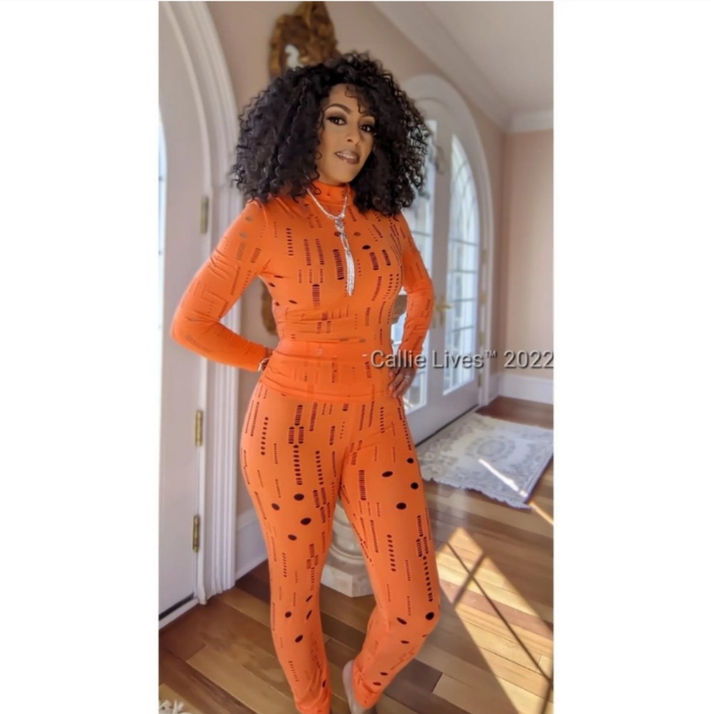 New Orange Peel Distressed Ripped Stretched Torn Mock Neck Bodycon Pant Set M - Picture 2 of 12